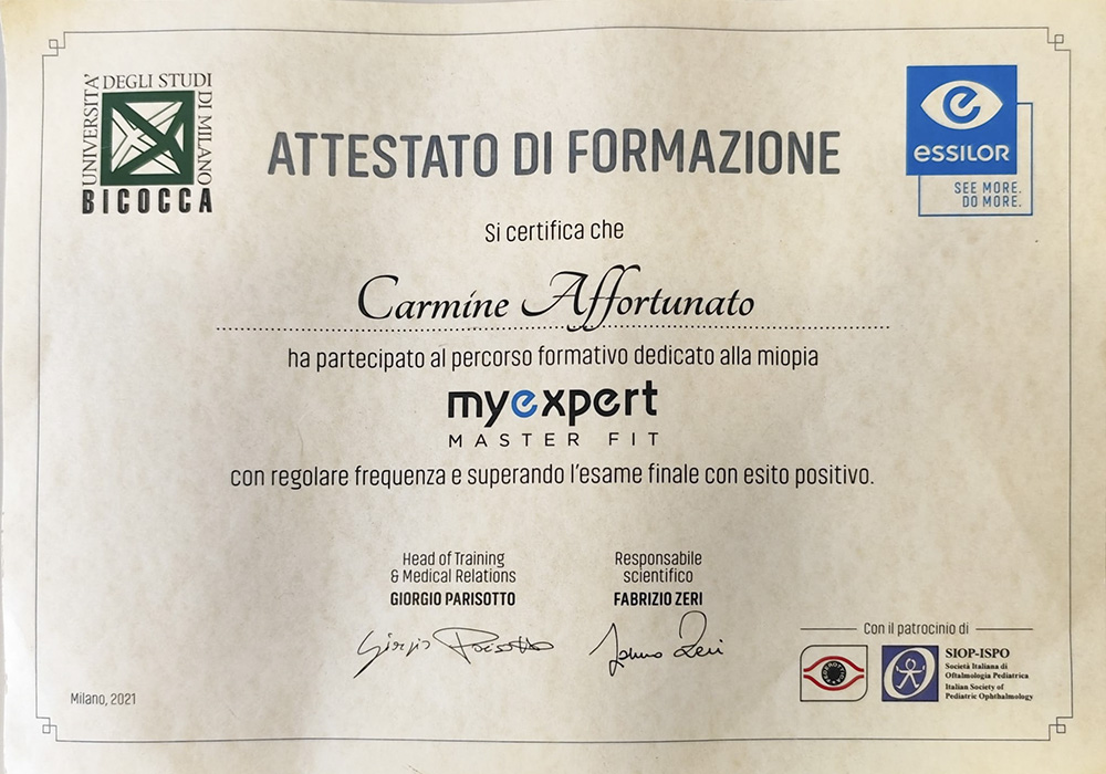 Attestato di partecipazione corso di formazione MYExpert Master Fit